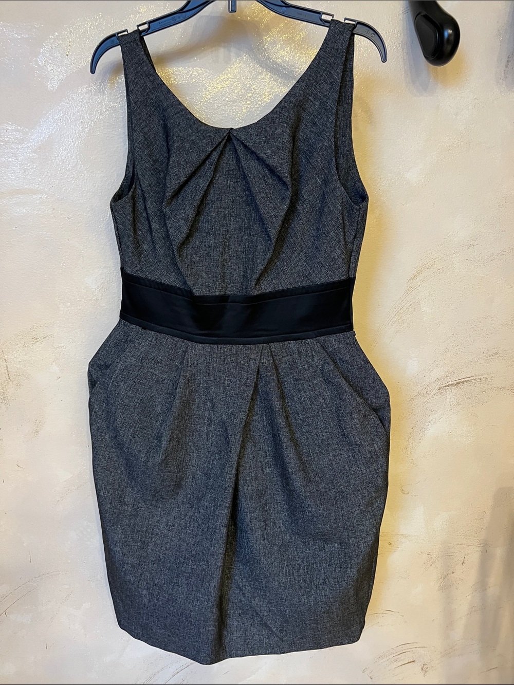Sleeveless Gray Sheath Dress with Black Waistband
